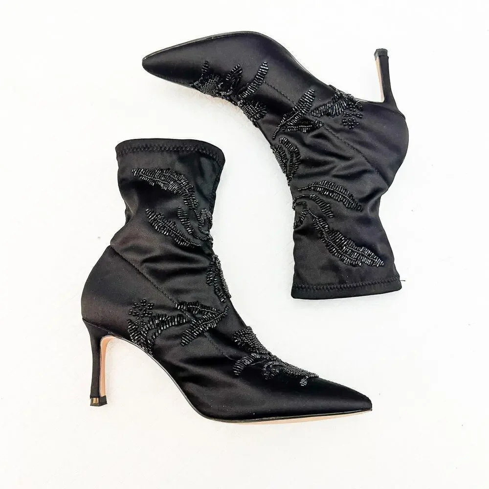 Zara Satin Embroidered Sequin Embellished Black Pointy Toe Booties Size 36